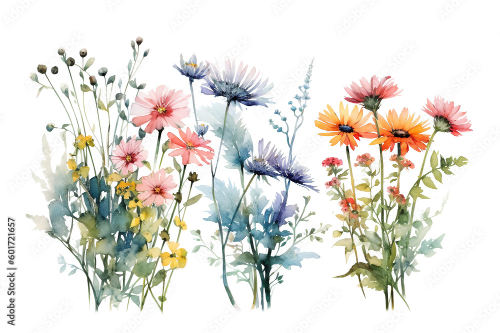 wildflower bundle isolated, watercolor,on completely white background, pastel colors, format  3:3, ai generative