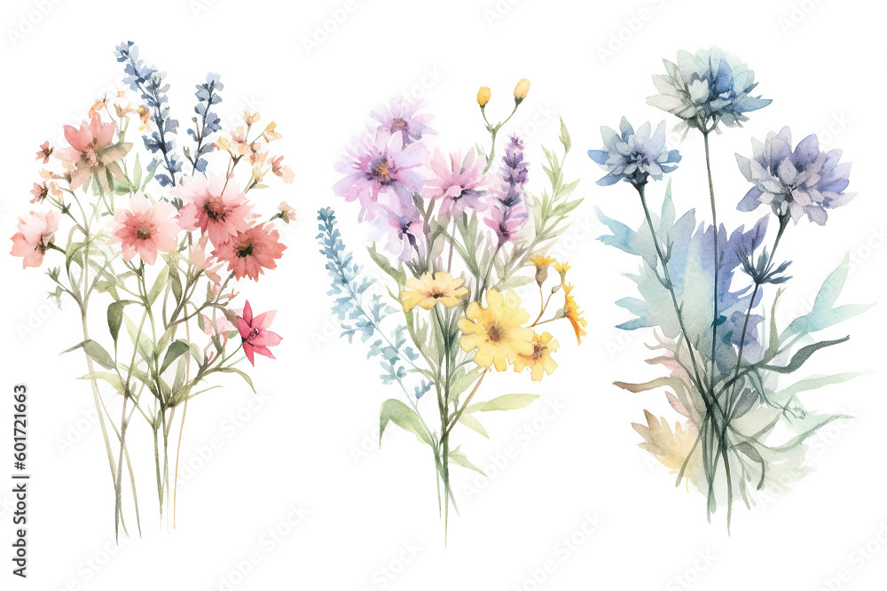 Fototapeta premium wildflower bundle isolated, watercolor,on completely white background, pastel colors, format 3:3, ai generative