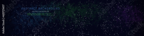 Abstract  background chaotic poly grid  with dots and lines in chaotic web on dark. Plexus  wireframe concept  in virtual space. Banner horizontal for business, science and technology. Big Data.