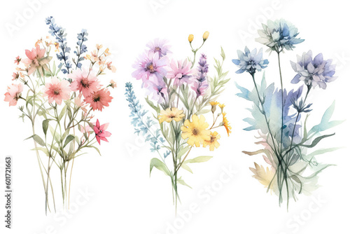 wildflower bundle isolated, watercolor,on completely white background, pastel colors, format  3:3, ai generative