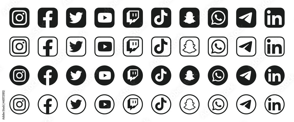 Social media icons black and white logo set. Instagram, facebook