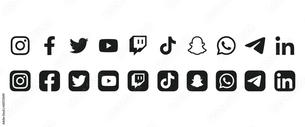 Social media icons black and white logo set. Instagram, facebook ...