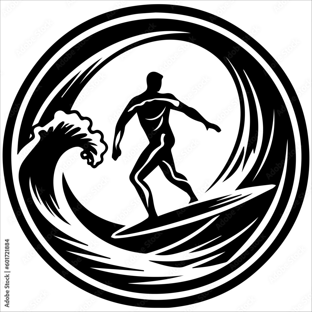 Surfing silhouette in logo style , isolated on white