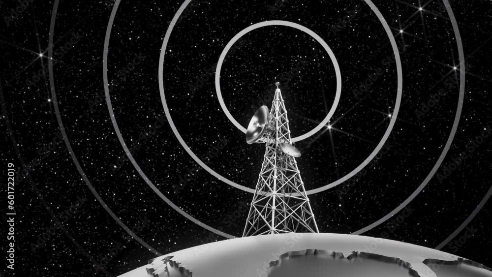 retro radio tower antenna broadcasting signal, black and white vintage animation