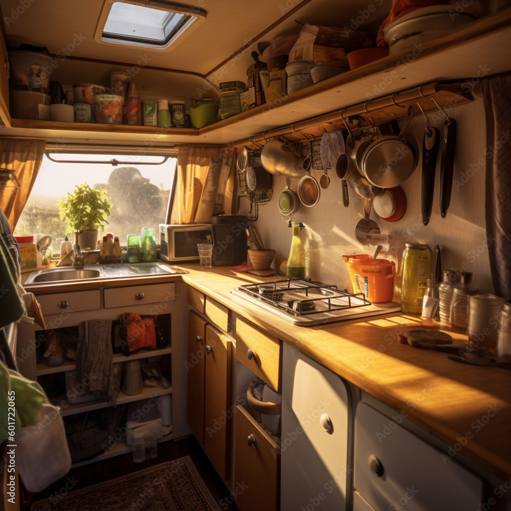 Kitchen in a campervan. Generative AI.