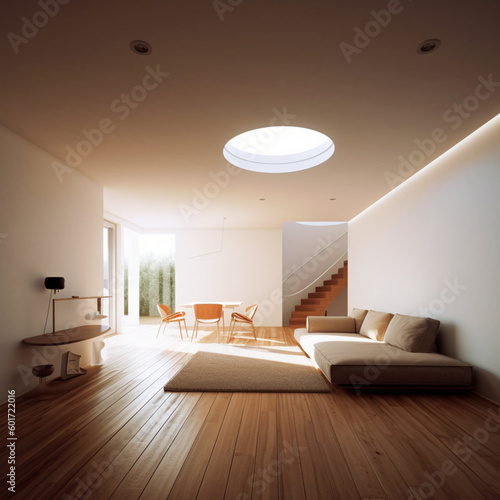 Interior of a minimalist house. Generative AI.