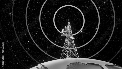 retro radio tower antenna broadcasting signal, black and white vintage animation