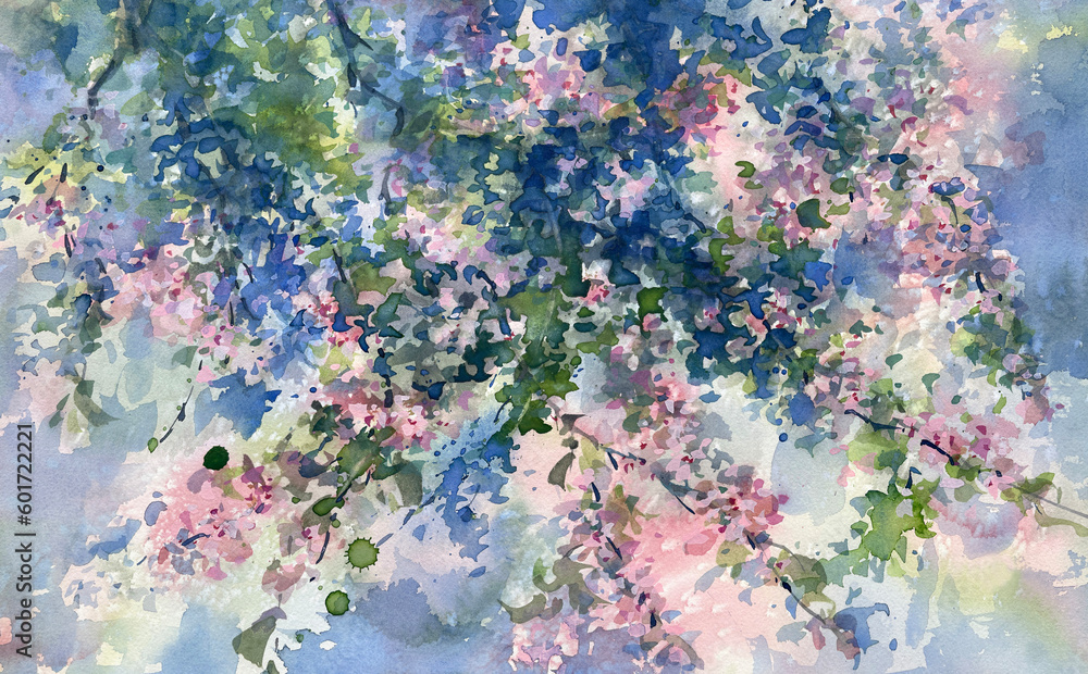 Sakura branches flowering watercolor background. Spring illustration