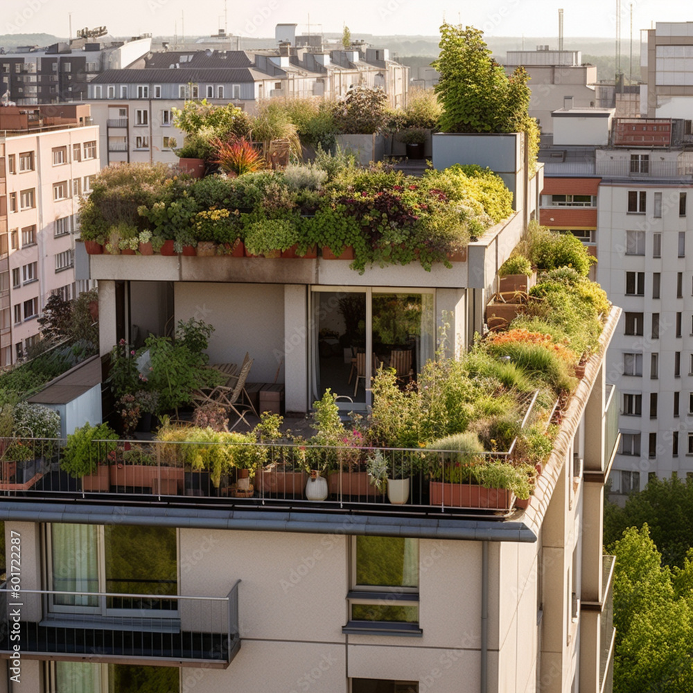 Urban garden on a roof of a building. Generative AI.