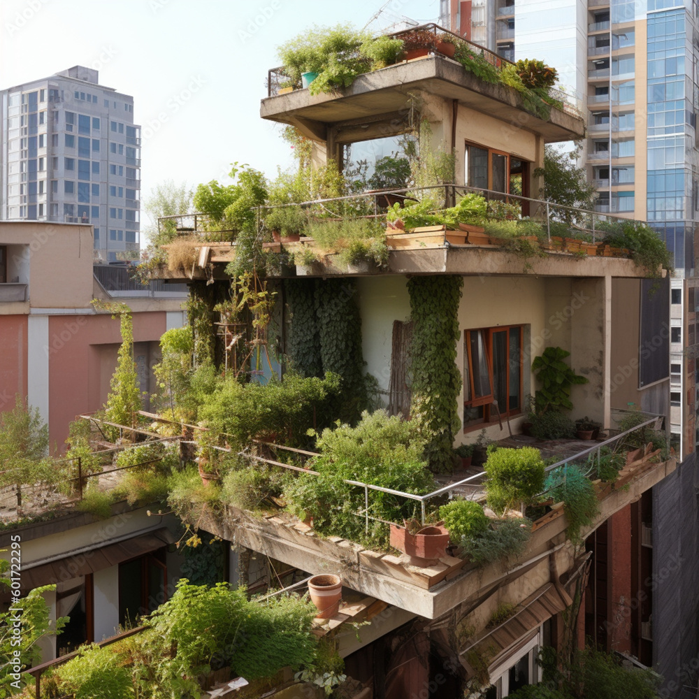 Fototapeta premium Urban garden on a roof of a building. Generative AI.