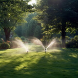 Sprinklers in a garden. Generative AI.