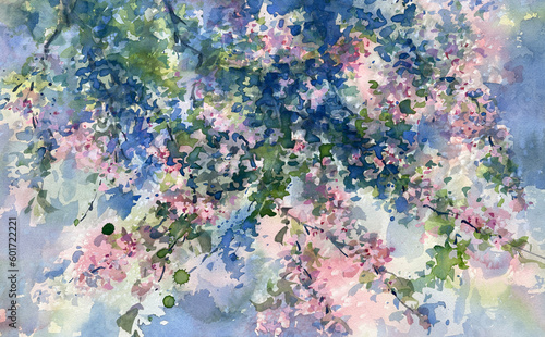 Sakura branches flowering watercolor background. Spring illustration