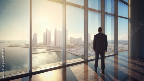 A middle-aged businessman in an office stands and looks out a large floor-to-ceiling window. AI generated. Generative AI