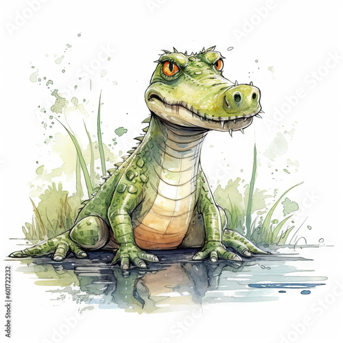 Alligator crocodile illustration, watercolor style drawing, , isolated on white background (generative ai) © Awesomextra