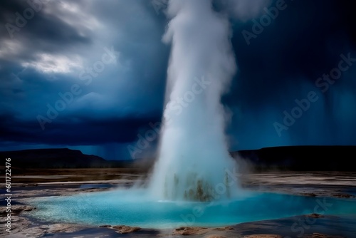 Beautiful eruption of a big geyser. Geyser landscape with emissions of hot water. Dark clouds on background. High quality photo