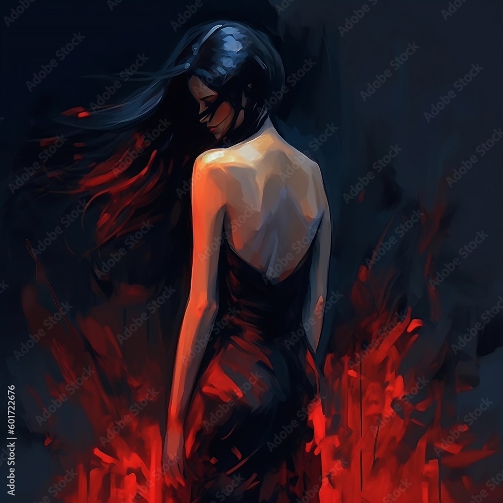 Illustration in a watercolor style. Fictional young pretty girl with long hair, in a sexy dress with bare back and shoulders on a dark dramatic background. AI generation
