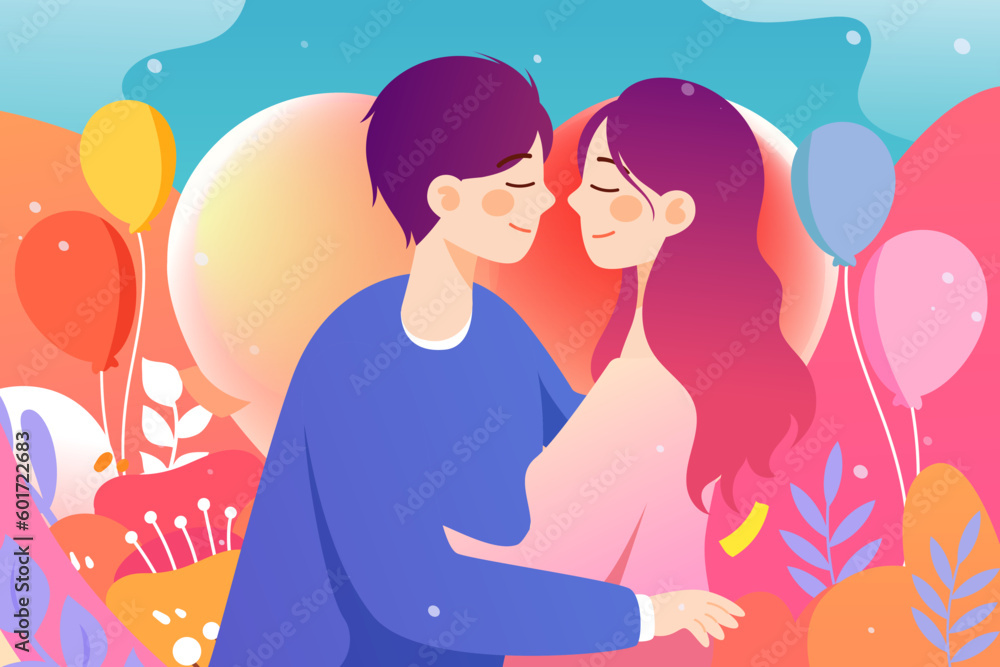 520, valentines day couple dating together, background with bouquet and plants, vector illustration 520, valentines day couple dating together, background with bouquet and plants, vector illustration
