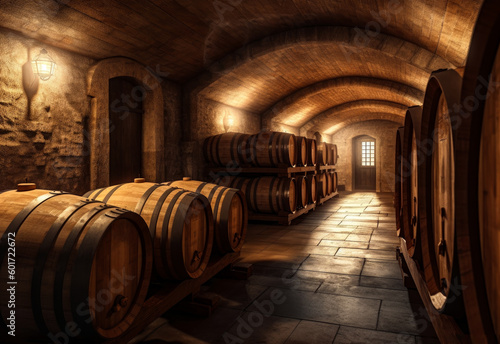 Wooden beverage vintage kegs. Wine cellar with big barrels. generative ai.