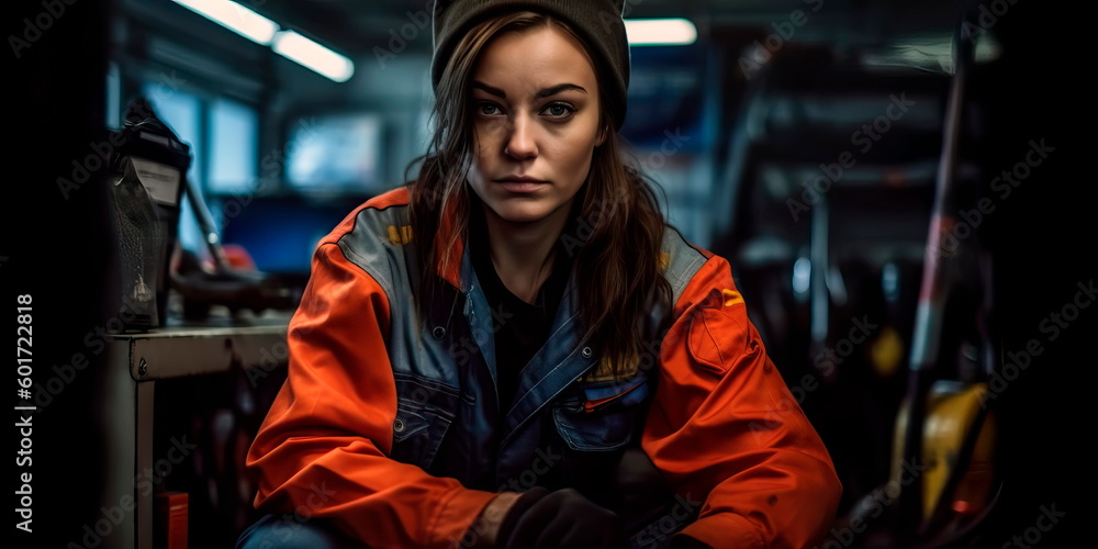 Fototapeta premium Beautiful woman working , Young car repair worker , service concept. Generative ai