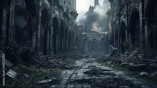 Gloomy Gothic ruins in the style of gloomy fantasy Generative AI