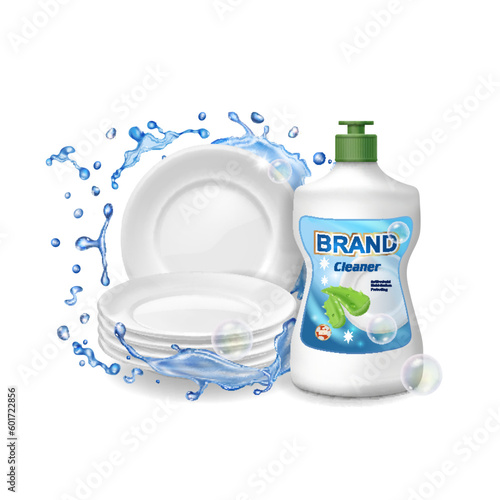 Stack of clean plates in water splash. Dish wash package. Realistic dish cleaner container, stacked kitchen tableware. Vector 3d