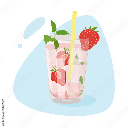 Strawberry lemonade with mint and ice cubes. Summer refreshing drink. Vector illustration.