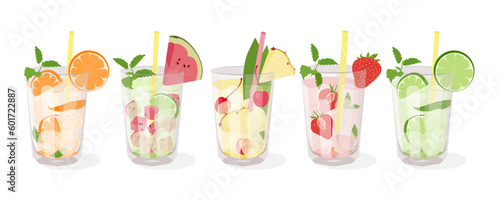 Set of summer cocktails. Cooling, non-alcoholic drinks with fruits and berries. Vector illustration isolated on white background.