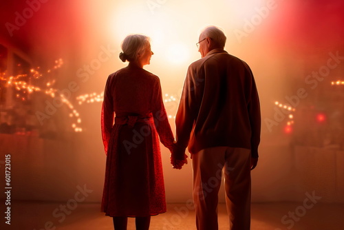 An elderly couple holding hands and looking back on a life well-lived. Generative AI