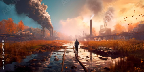 man standing on a bridge and looking at a polluted river stream from which oil or gas extraction takes place. Generative ai