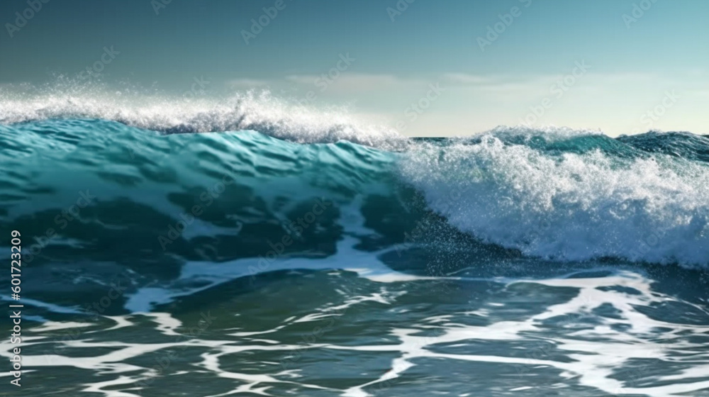 Fototapeta premium Close up of high sea wave and blue sky background. Generative Ai.