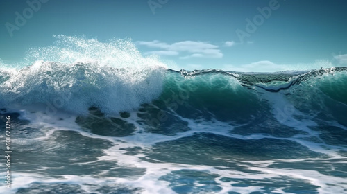 Close up of high sea wave and blue sky background. Generative Ai.