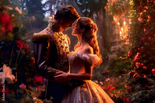 Photo prince and a princess sharing a kiss in a magical garden