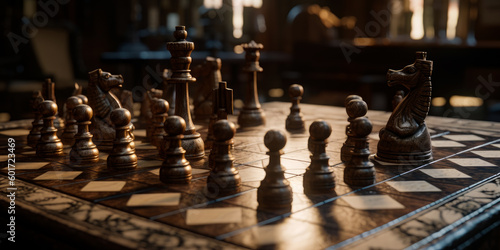 Wooden chess figures on desk. Chessboard strategic game. generative ai.