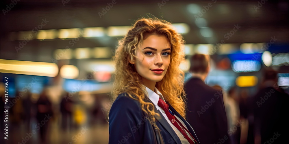 Woman working as a flight attendant in the background of the airport Generative ai Woman working as a flight attendant in the background of the airport Generative ai