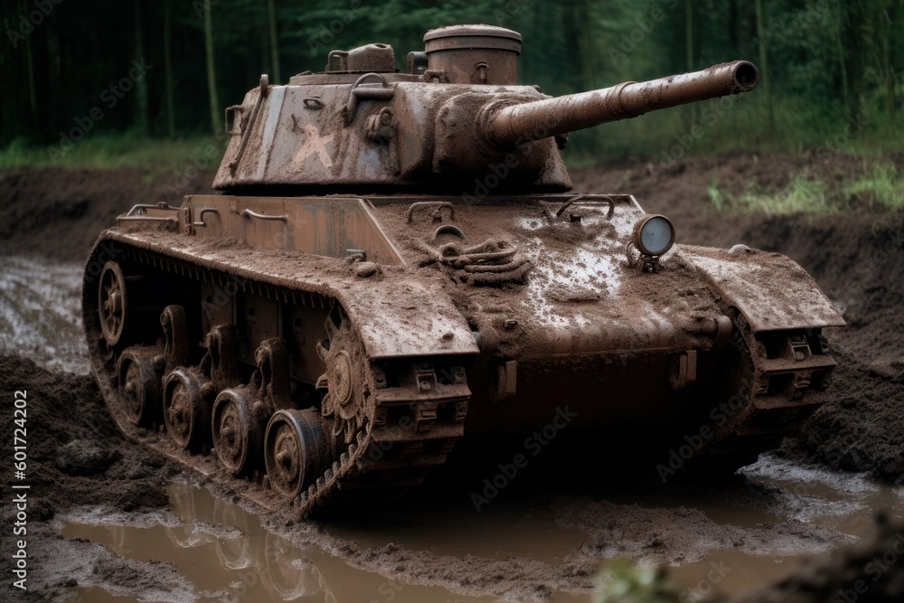 Battle tank covered by mud, forest on background. military conflict, war. Russian aggression on the territory of Ukraine. Mudslides. artillery, military offensive