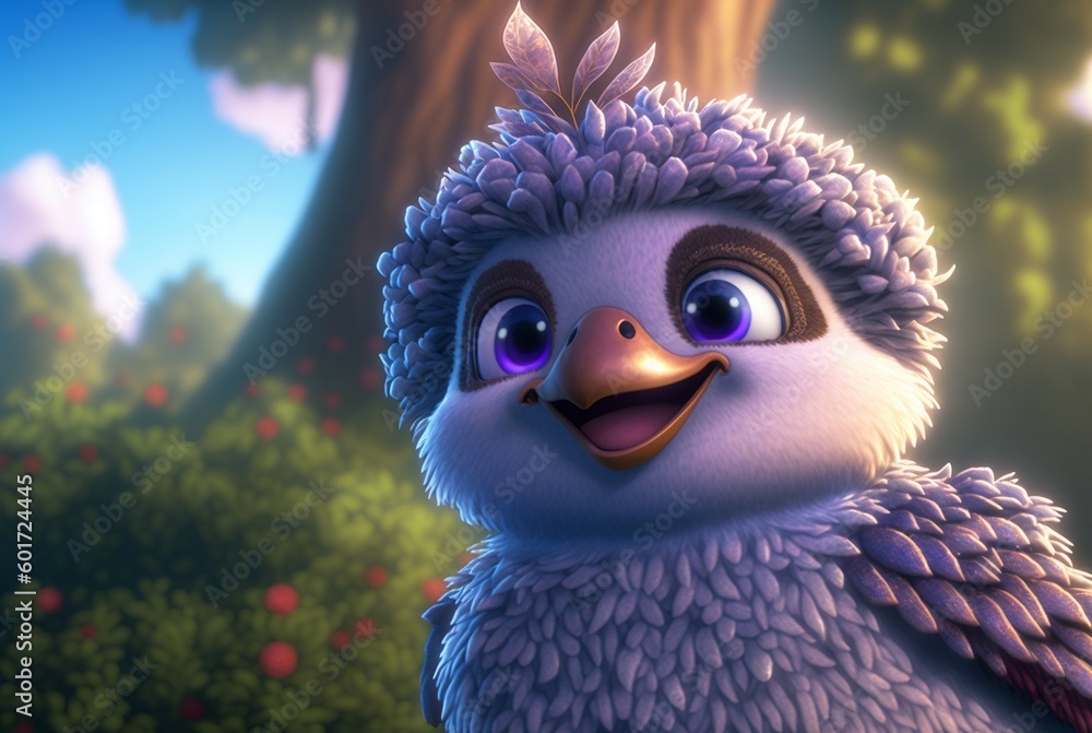 Cartoon bird. Smiling baby bird. Happy cartoon character. Generated by