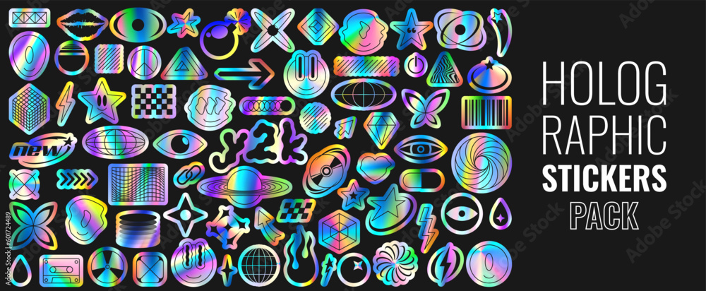 Set of holographic retro futuristic stickers. Vector illustration with iridescent foil adhesive film with symbols and objects in y2k style. Holographic futuristic labels. - obrazy, fototapety, plakaty 