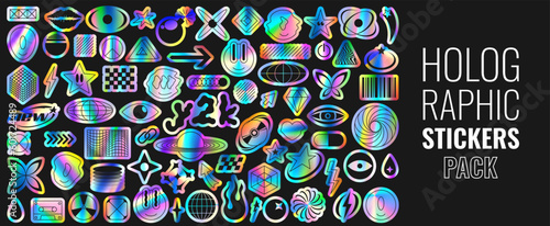Set of holographic retro futuristic stickers. Vector illustration with iridescent foil adhesive film with symbols and objects in y2k style. Holographic futuristic labels. photo