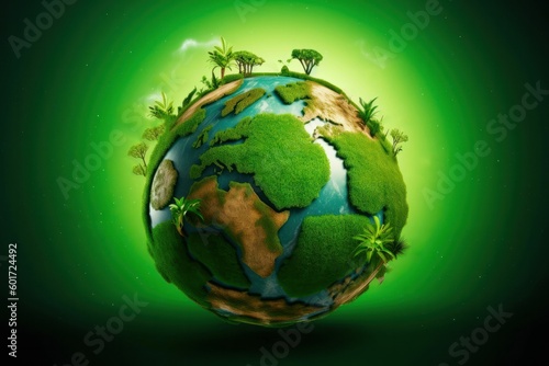 Planet Earth with large trees growing on its surface. Environment Earth Day. Saving environment  save clean planet  ecology concept. Card for World Earth Day.Energy saving concept