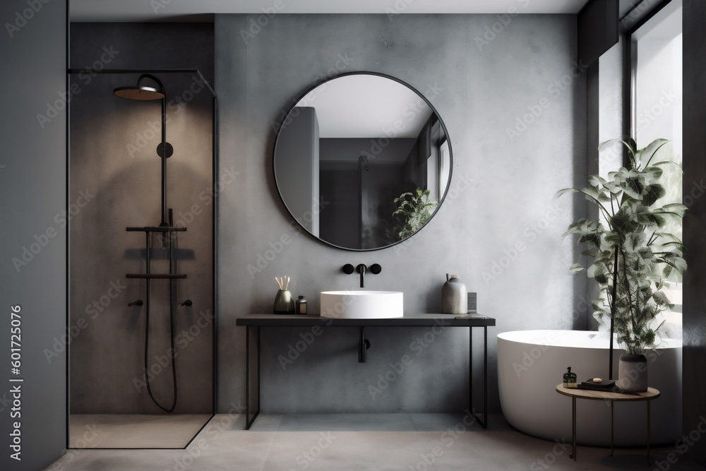sink concrete design interior home room gray modern luxury mirror bathroom. Generative AI. - obrazy, fototapety, plakaty 