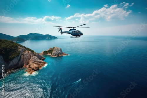 helicopter is flying over the beautiful sea or ocean. Rescue helicopter in search of people. Islands of tropical climate. beautiful view of the sea and clouds