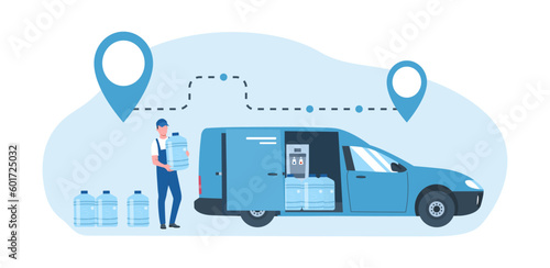 Concept for water delivery service. Worker, water bottles, van and navigation points. Vector illustration.