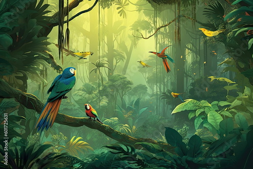Tropical wallpaper with plants and birds background, forest © waranyu