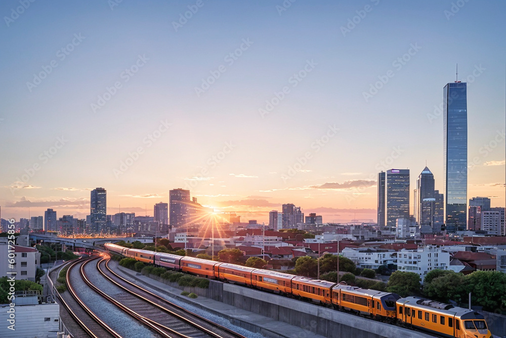 Fototapeta premium city, train, skyline, sky, view, cityscape, skyscraper
