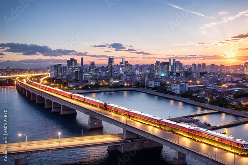 city, train, skyline, sky, view, cityscape, skyscraper