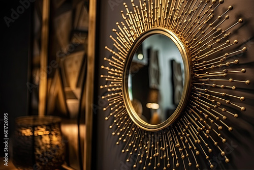 Modern round mirror in golden sun-ray frame on wall at home for decoration. Decorative sun vintage art deco mirror for Living Room and Bedrooms, created with Generative AI