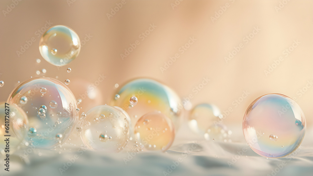 Fototapeta premium Soap bubbles on pastel beige background, copy space, AI generated