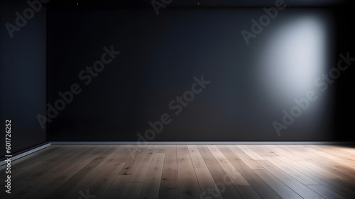 Empty dark wall and wooden floor, mock up, free copy space, AI generated 