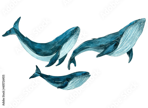 Watercolor illustration of three blue whales on a white background. Suitable for fabric design, packaging paper, printing, postcards, logos, business cards, web design, children's items, wallpaper