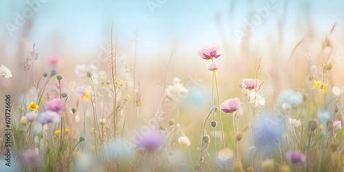 Beautiful colourful bloomed flower field with blue sky, summer soft background. Ai generated © 18042011